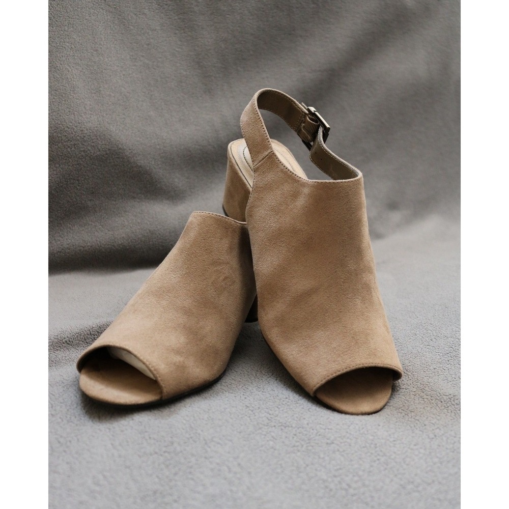 LIFESTRIDE Relay Peep Toe Slingback Sandals Womens 10M Taupe Tan Faux Suede Heel